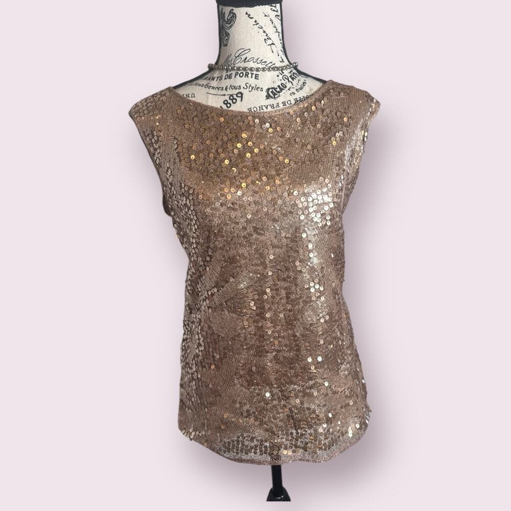 Max Studio Rose Gold Sequin Scoop Neck Glam Top Small